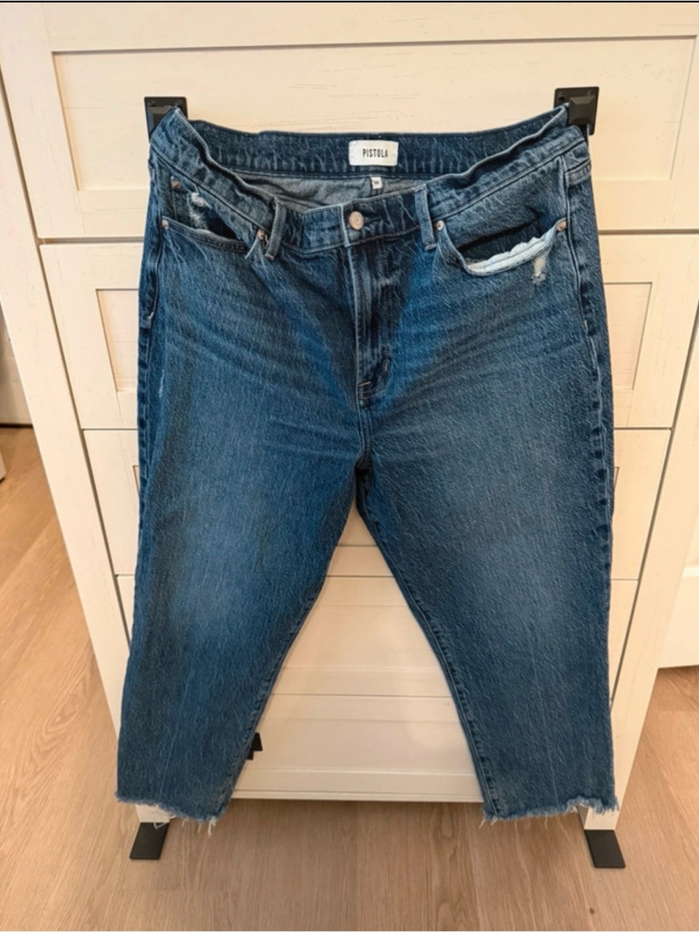 pistola dark blue cropped straight jeans with frayed hem
